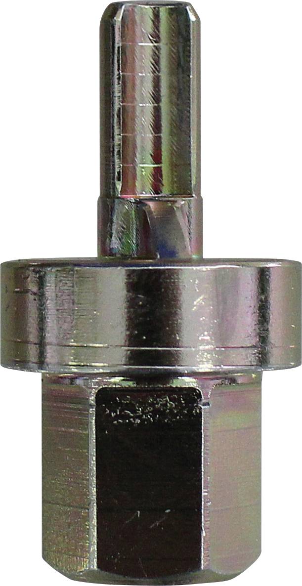 Un adaptateur de foret chromé avec une tige supérieure cylindrique et une base inférieure hexagonale, utilisé pour fixer les forets à une perceuse.