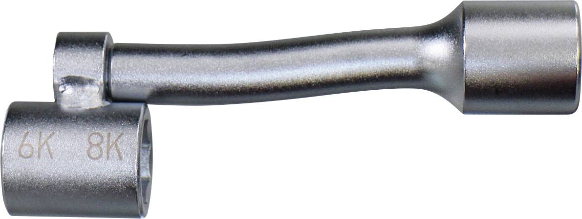 Une clé à douille double à extrémités en métal marquée aux deux tailles « 6K » et « 8K ». La clé a une légère courbure au niveau du manche.