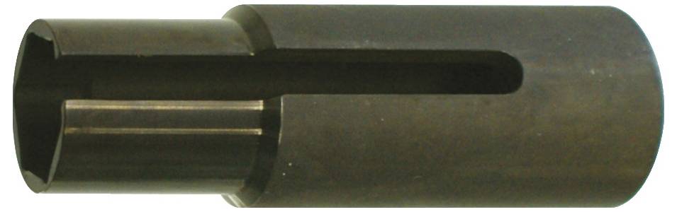 Un objet métallique cylindrique avec un intérieur creux et une fente verticale sur le côté, possiblement un composant mécanique ou industriel.
