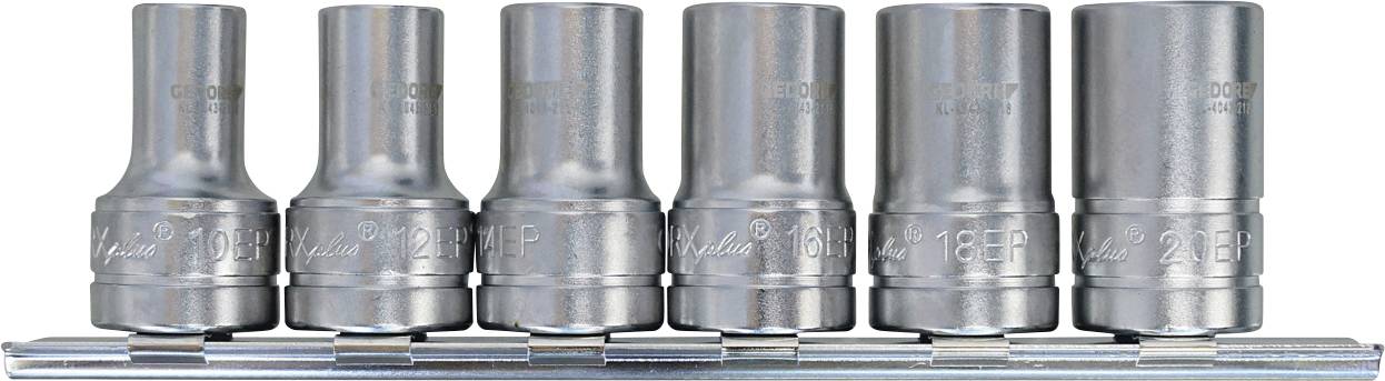 Un ensemble de six douilles chromées organisées en ordre croissant sur un rail métallique, affichant des tailles de 10 mm à 22 mm, pour usage mécanique.