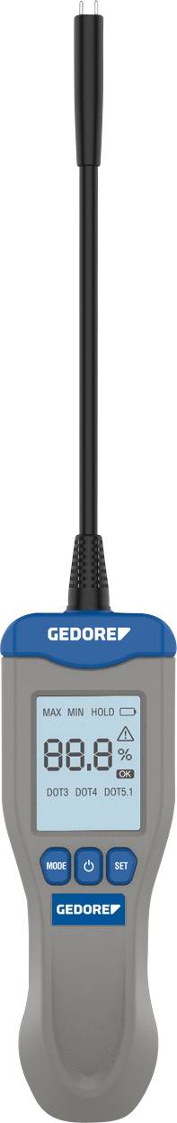 Thermomètre numérique de marque « GEDORE » affichant « 80,9 °C », avec des boutons étiquetés « ON/OFF », « °C/°F » et « SET », plus une longue sonde attachée.