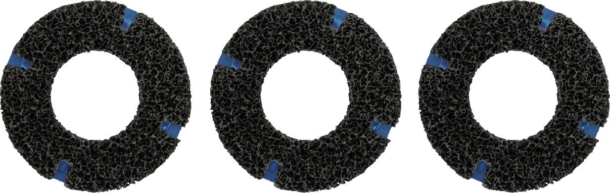 Trois coussinets circulaires poreux noirs avec des segments bleus espacés régulièrement le long des bords, présentés sur un fond blanc.
