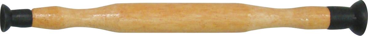 Rouleau de massage en bois brun avec des embouts en caoutchouc noir, utilisé pour la relaxation musculaire et la thérapie.