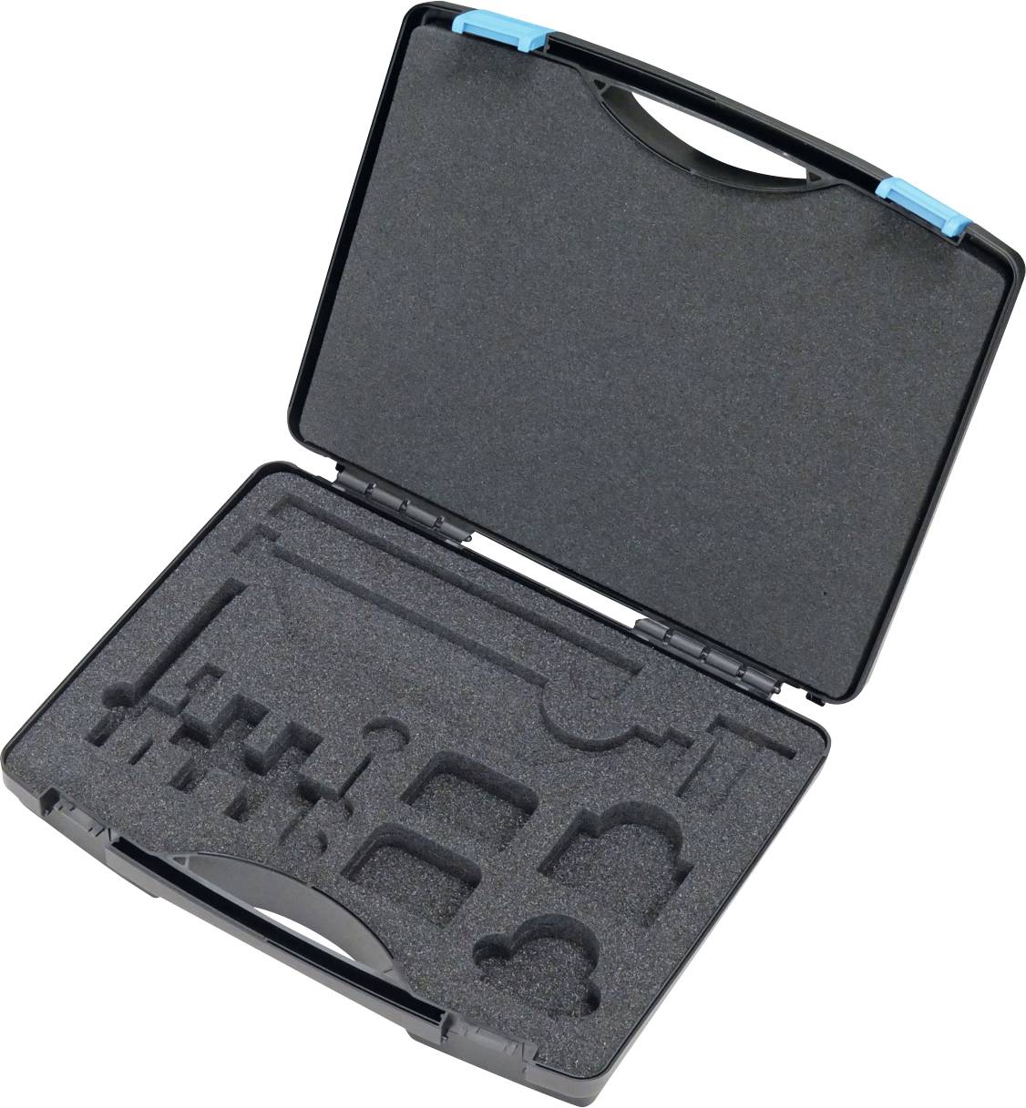 « Mallette de transport noire ouverte avec insert en mousse présentant des découpes pour le rangement d'outils ou d'équipements. »