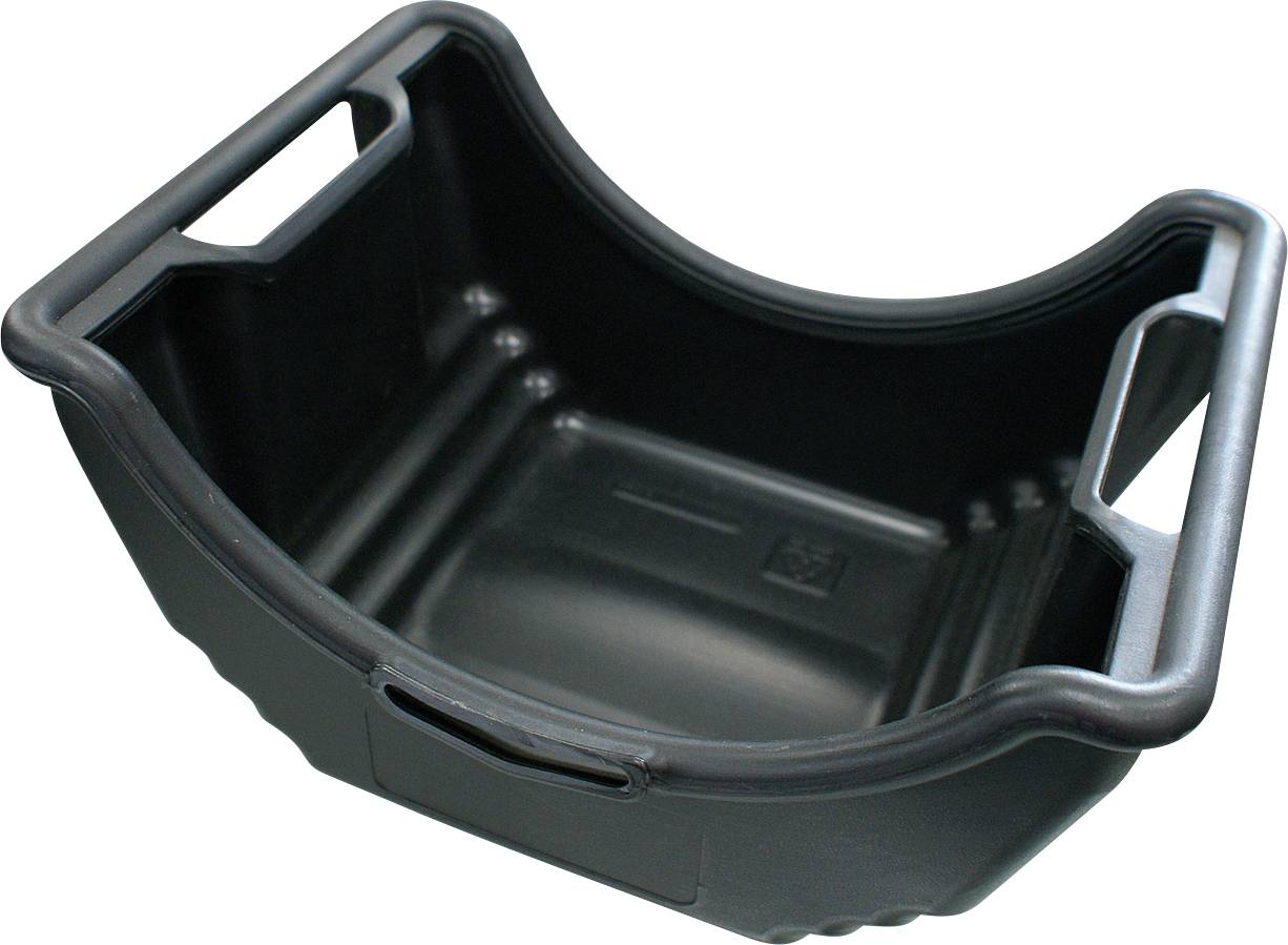 Bac de vidange en plastique noir avec deux poignées, conçu pour collecter et éliminer l'huile moteur usagée.