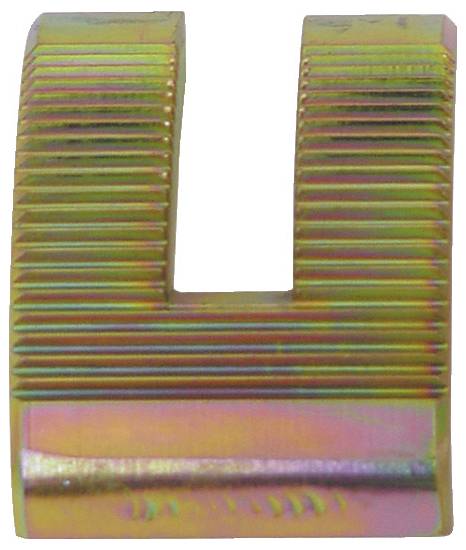 Un objet en métal en forme de U avec des côtés cannelés et une base lisse. Le matériau reflète une surface aux couleurs arc-en-ciel.