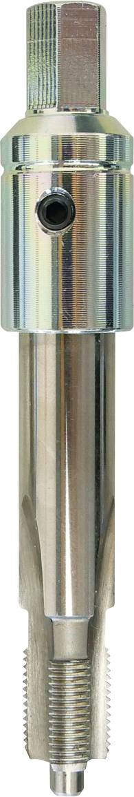 Un outil métallique de forme cylindrique, présentant une section filetée à la base et un sommet hexagonal pour le serrage ou l'ajustement.