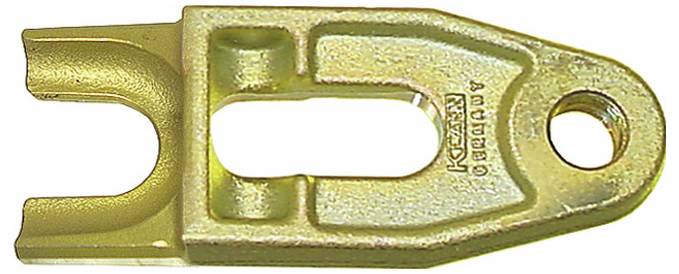Un outil industriel en métal en forme de U avec un trou à une extrémité, utilisé pour fixer ou connecter des pièces. La surface est brillante et de couleur dorée.