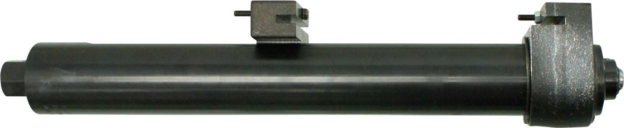 Un cylindre noir avec des supports métalliques sur le dessus aux deux extrémités, probablement une pièce de machine ou un composant d'outil, présenté sur un fond blanc.