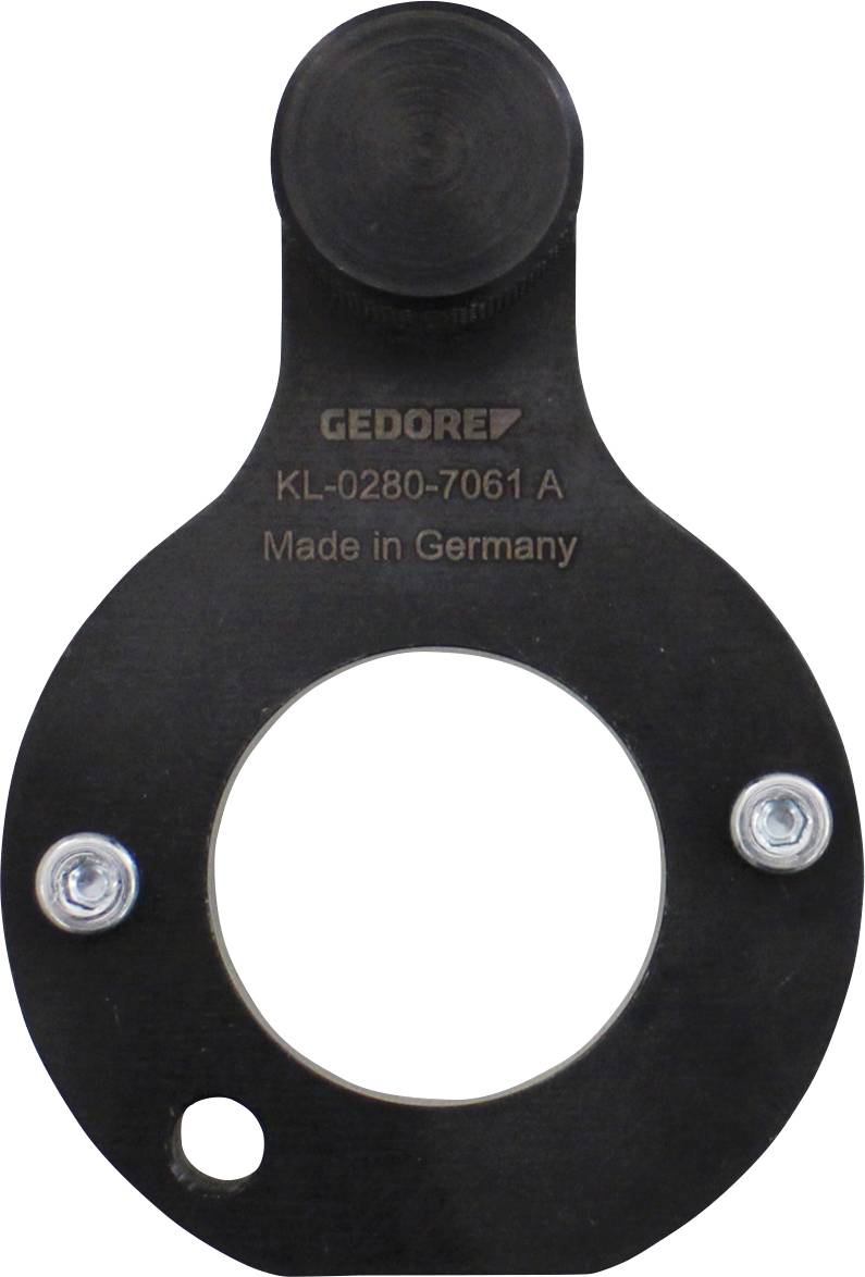 Un outil en métal noir circulaire avec un grand trou central, présentant le texte « GEDORE KL-0280-7061 A, Made in Germany », et une section supérieure qui dépasse.