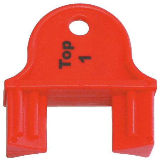 Outil d'alignement d'ascenseur en plastique rouge « Top 1 », sommet circulaire avec trou, conçu pour un positionnement précis lors de l'installation.