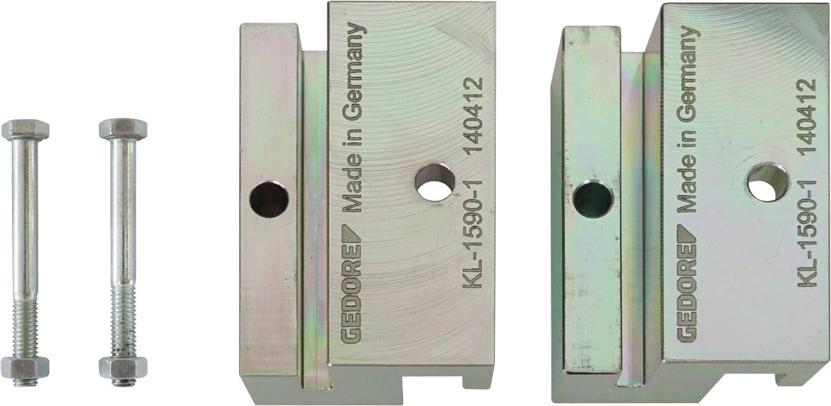 Deux serre-joints en métal portant l'étiquette « GEDORE Made in Germany KL-1590-1 140412 » avec deux boulons, probablement faisant partie d'un ensemble d'outils ou de machines.
