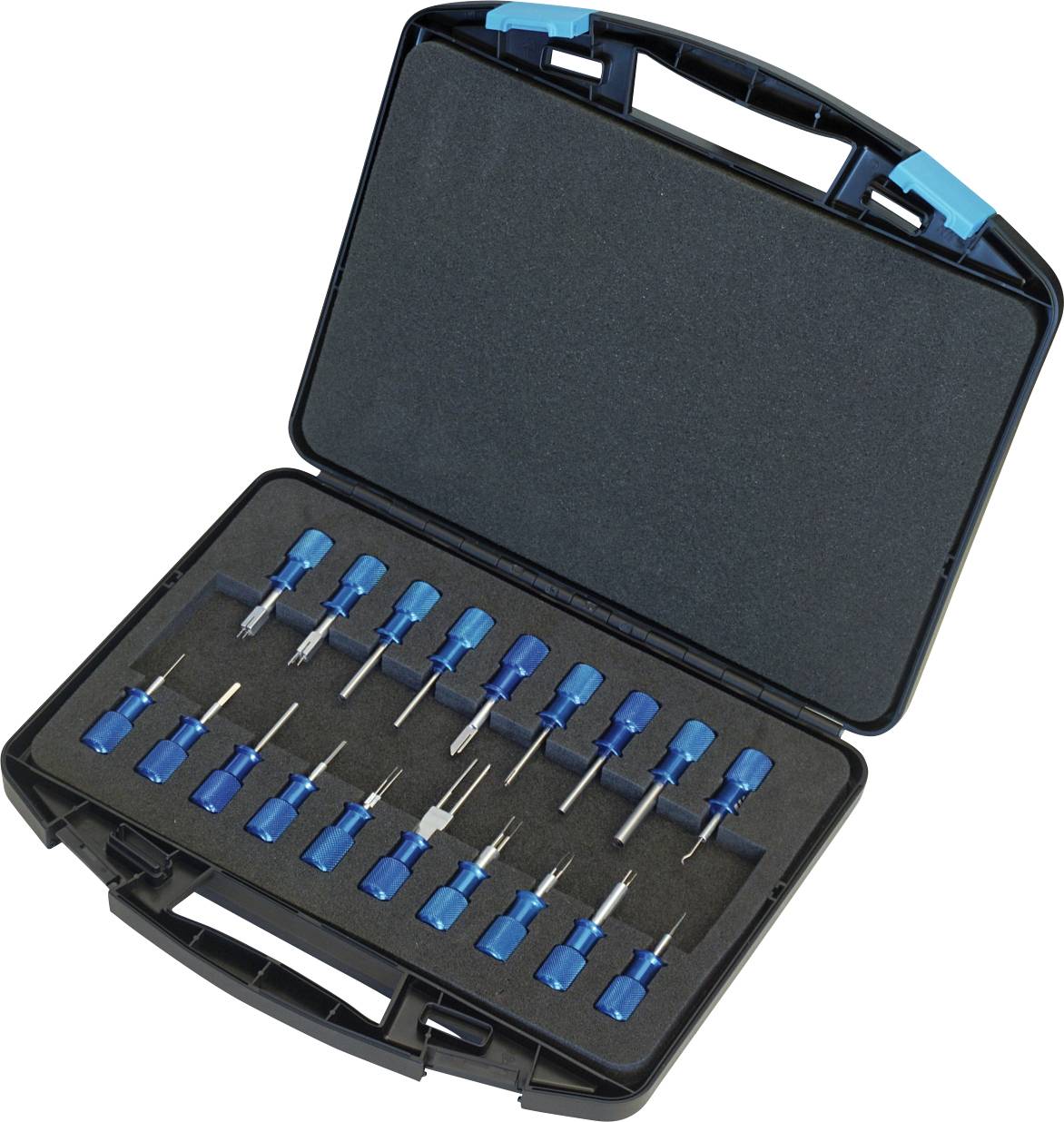 Un étui noir avec une poignée, ouvert pour afficher vingt-et-un outils de précision bleus soigneusement disposés dans un insert en mousse.
