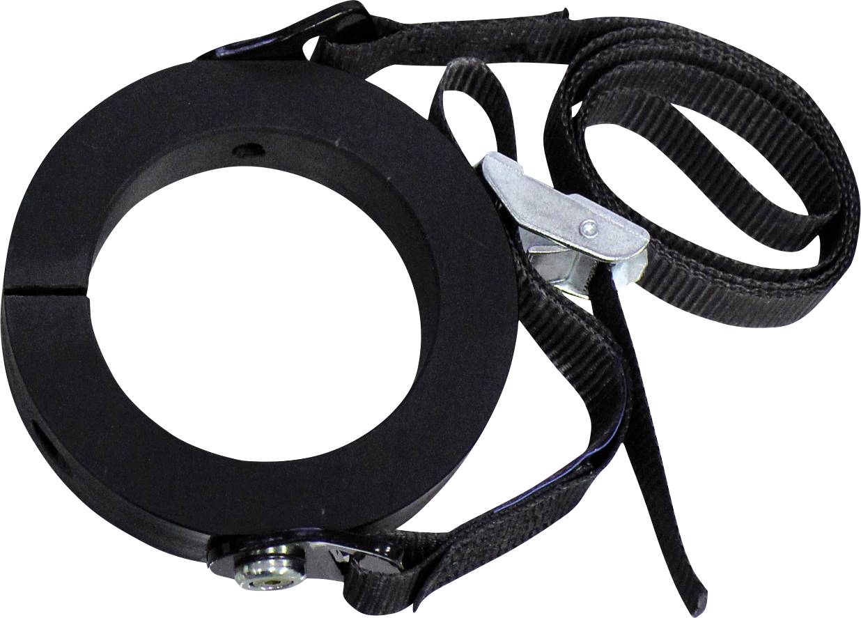 Un collier de serrage en forme d'anneau en acier noir avec boucle de sangle de serrage intégrée.