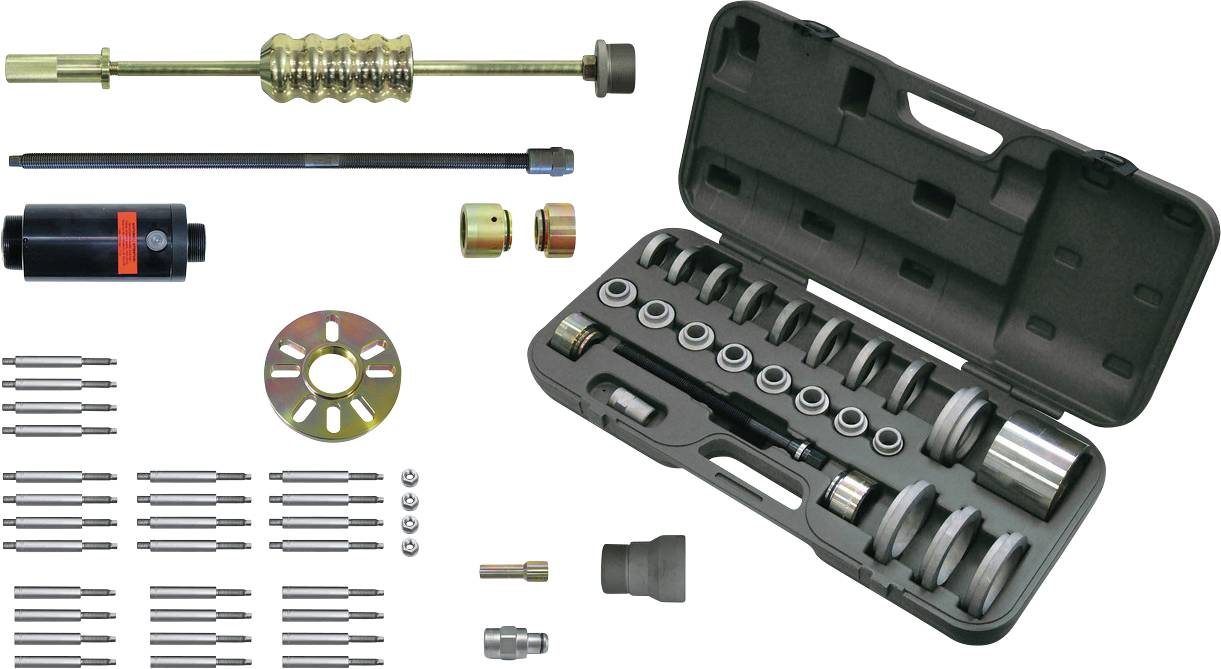 Mallette d'outils automobiles avec divers outils de réparation automobile, y compris un jeu d'extracteurs, un marteau coulissant et un étui de transport, arrangés proprement.