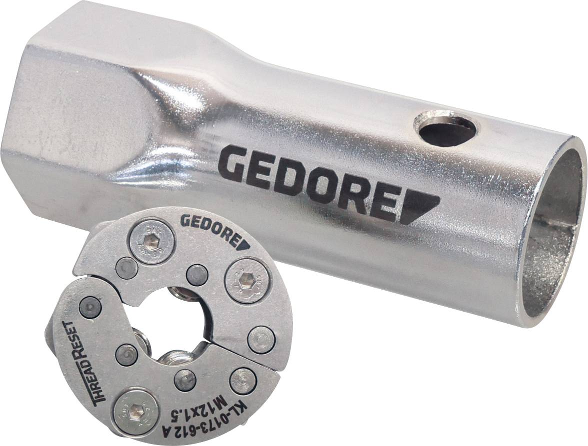 Une douille filetée en métal avec le logo « GEDORE », accompagnée d'un outil circulaire fileté utilisé pour la réinitialisation des filetages.