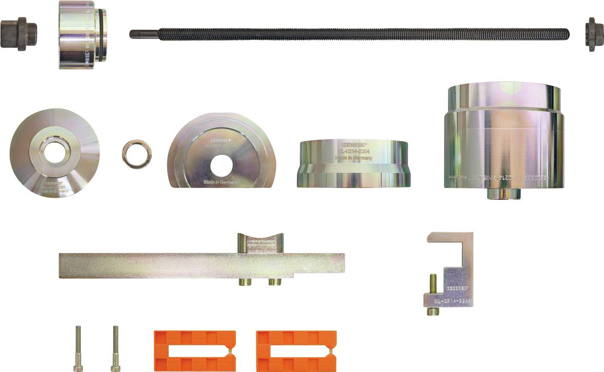 Un ensemble d'outils automobiles de précision comprenant diverses rondelles métalliques, une tige filetée, des supports et des boulons pour les ajustements mécaniques.