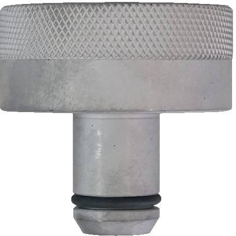 A metal cylindrical object with a textured top and a rubber ring around the bottom. It appears to be a component or tool part.