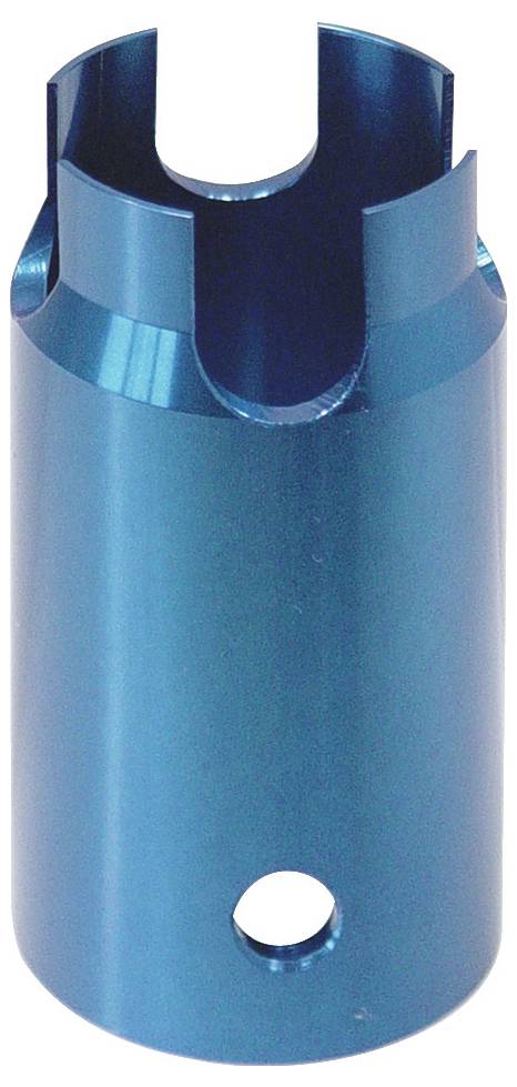 Une pièce mécanique en métal bleu de forme cylindrique, avec le haut ouvert et un seul trou rond sur le côté inférieur, probablement destinée à un usage industriel.