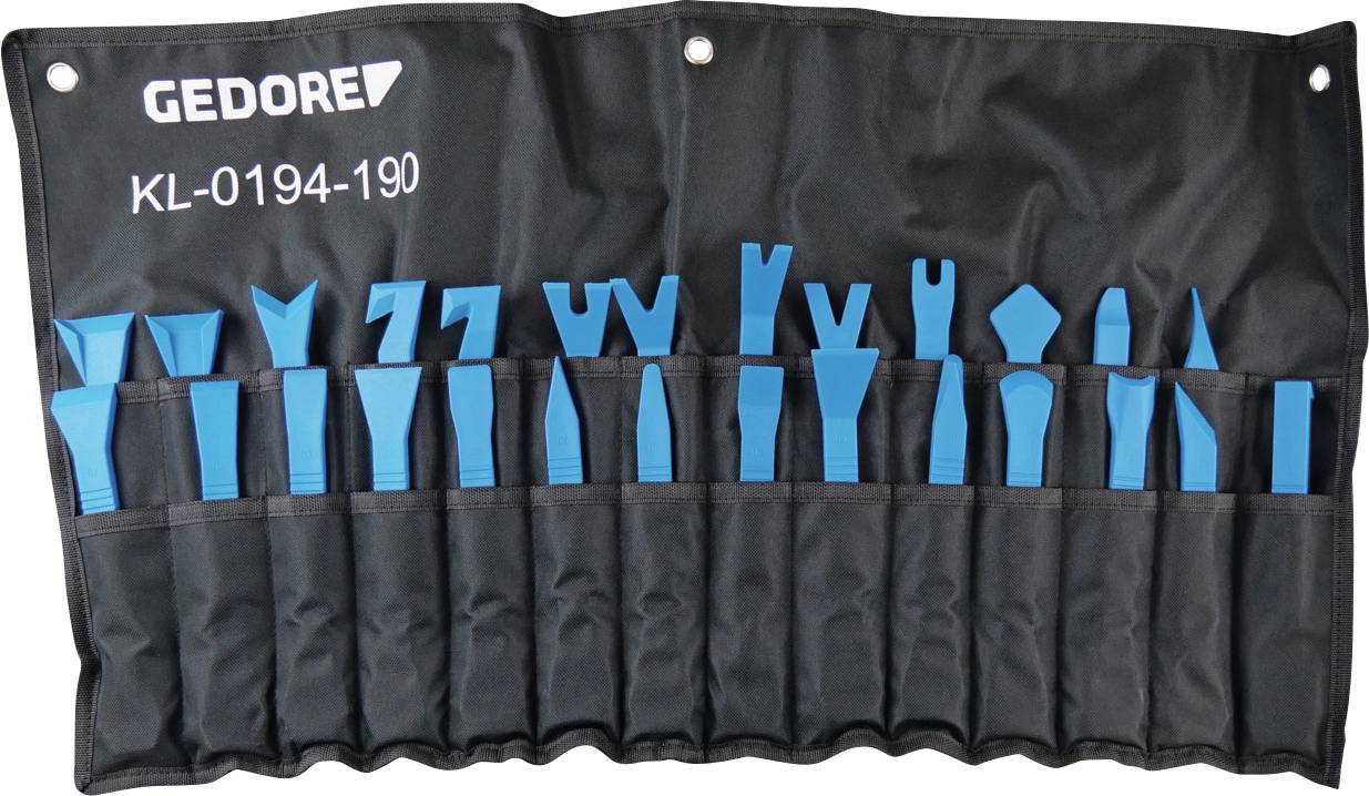 Un rouleau d'outils de dépose de garniture automobile bleus dans une pochette noire étiquetée « GEDORE KL-0194-190 », chaque outil dans une poche séparée.