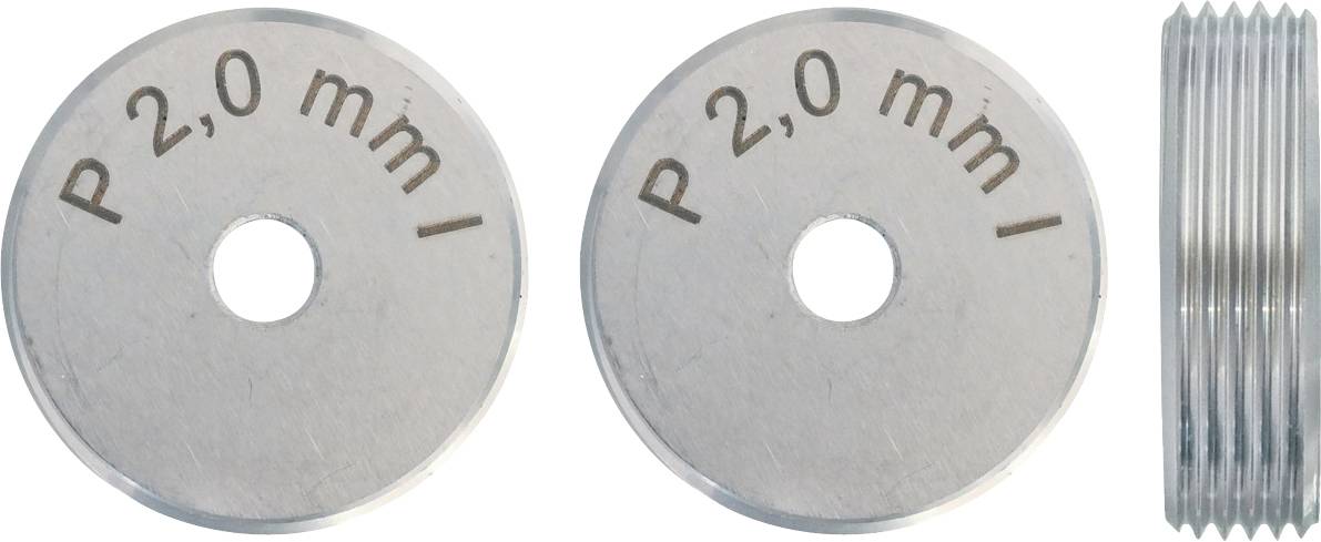 Deux disques métalliques ronds étiquetés « P 2,0 mm », un cylindre fileté à côté d'eux. Utilisés à des fins mécaniques ou de mesure.