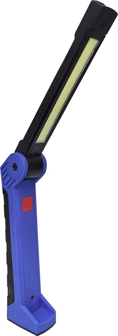 Une lampe de travail LED portable bleue et noire avec un bras pliable, dotée d'un bouton d'alimentation rouge sur la poignée.
