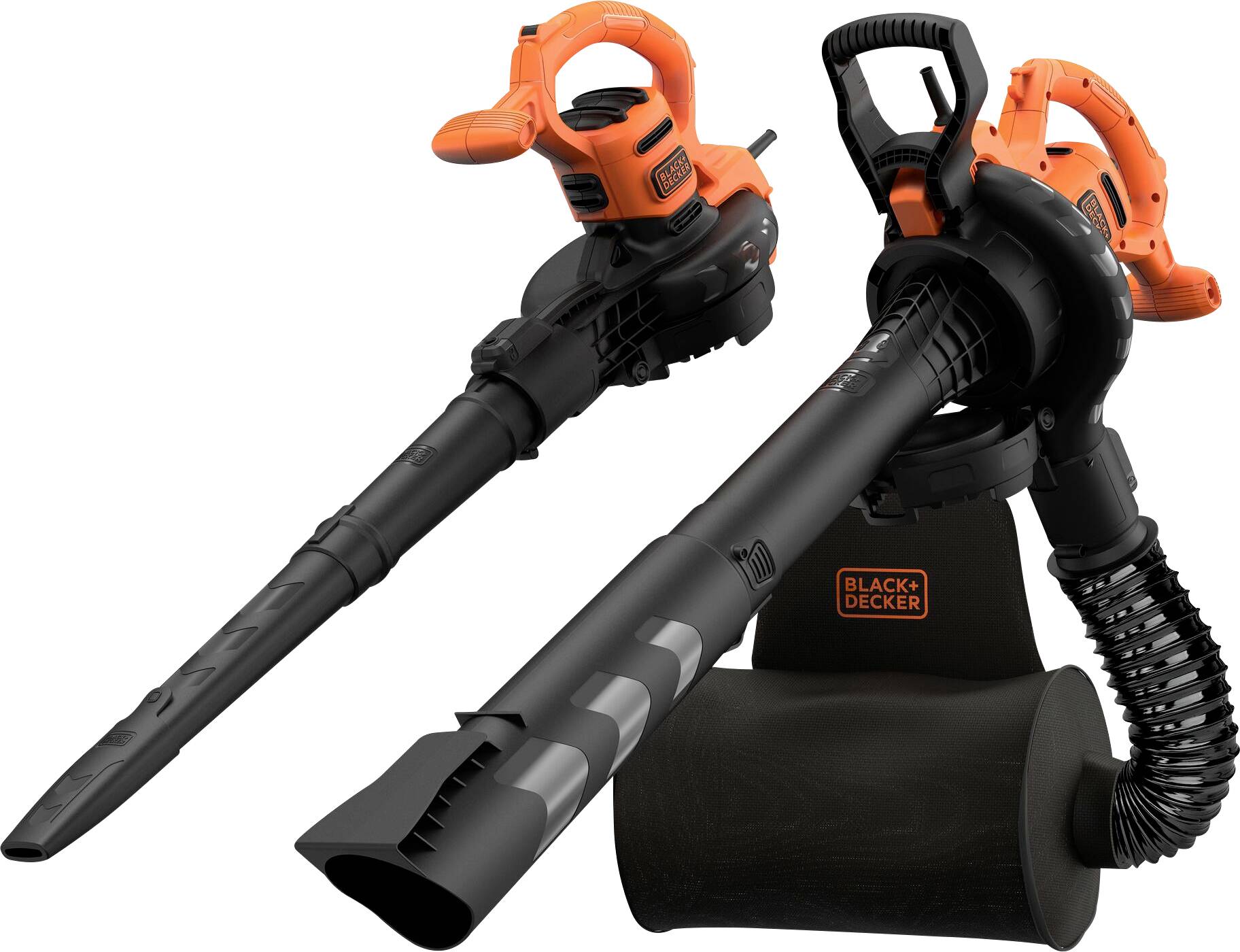 Un souffleur de feuilles sans fil avec fonction aspirateur combiné au design orange et noir, doté d'un tube détachable, d'un tuyau flexible et d'une batterie.
