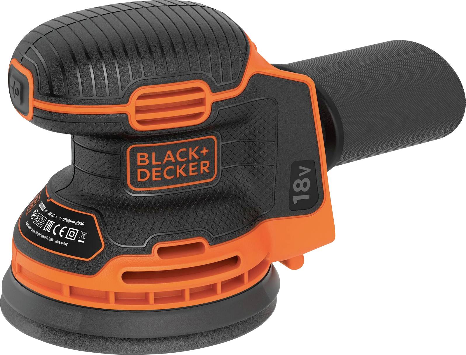 Un ponceuse manuelle sans fil orange et noire étiquetée « Black+Decker 18V », conçue pour poncer les surfaces, avec une base de ponçage ronde.