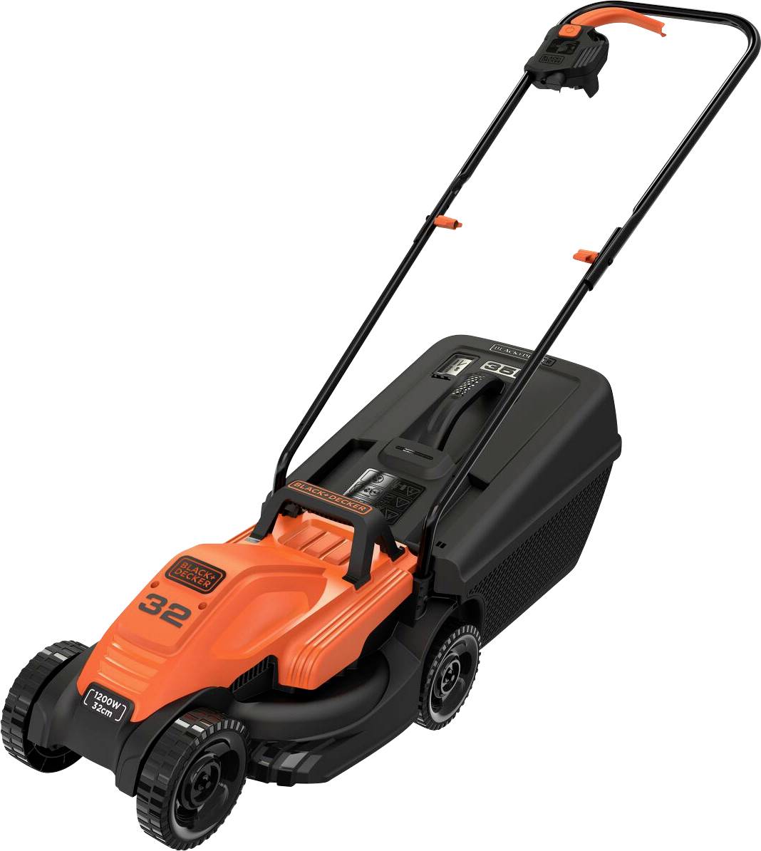 Un tondeuse à gazon orange et noir avec un long manche, conçue pour la coupe de l'herbe, dotée de grandes roues arrière et d'un bac de collecte de l'herbe.