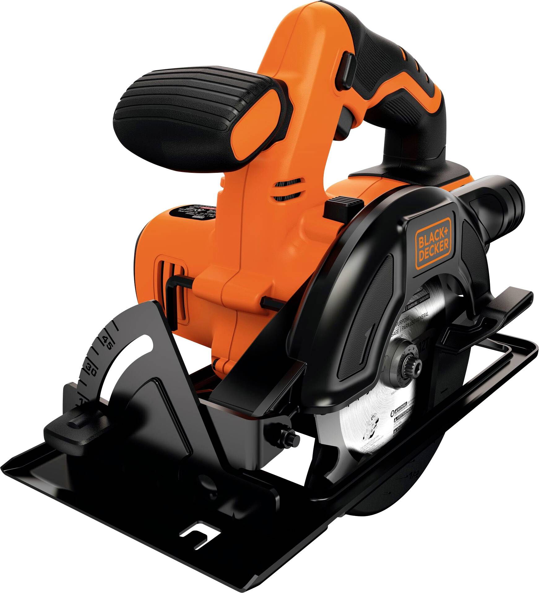 Une scie circulaire compacte orange et noire avec une poignée visible et une lame, marquée de la marque « Black & Decker » sur le côté.
