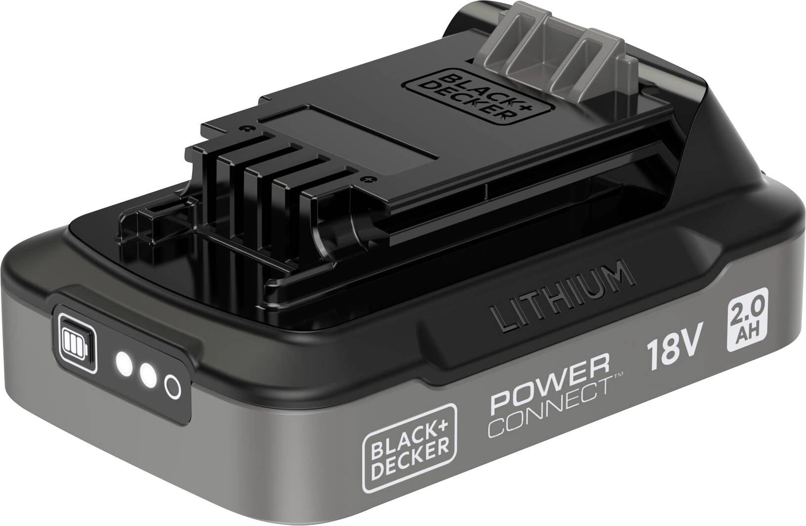 Batterie lithium Black and Decker 18V avec une capacité de 2,0 Ah, dotée d'un indicateur de charge LED et d'un design compact.