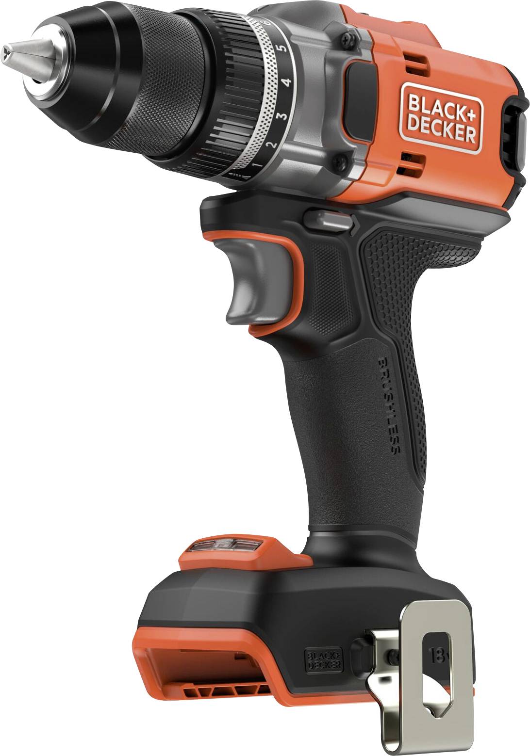 Une perceuse sans fil avec un design noir et orange, dotée d'un mandrin en métal et d'un cadran d'ajustement de vitesse, de marque « Black+Decker ».