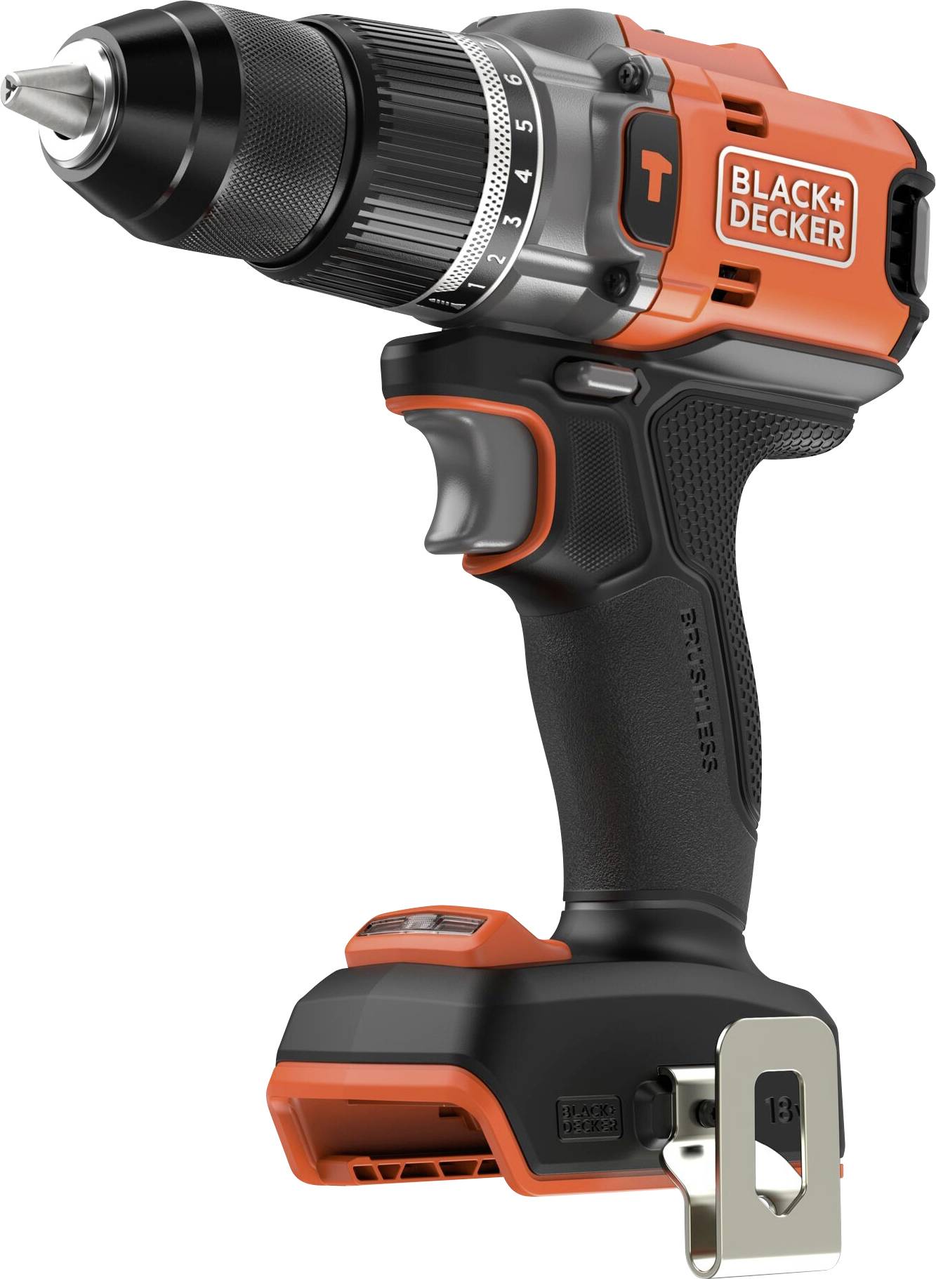 Perceuse sans fil Black+Decker orange et noire avec un foret en métal, dotée d'une poignée ergonomique et d'un bloc-batterie attaché au bas.