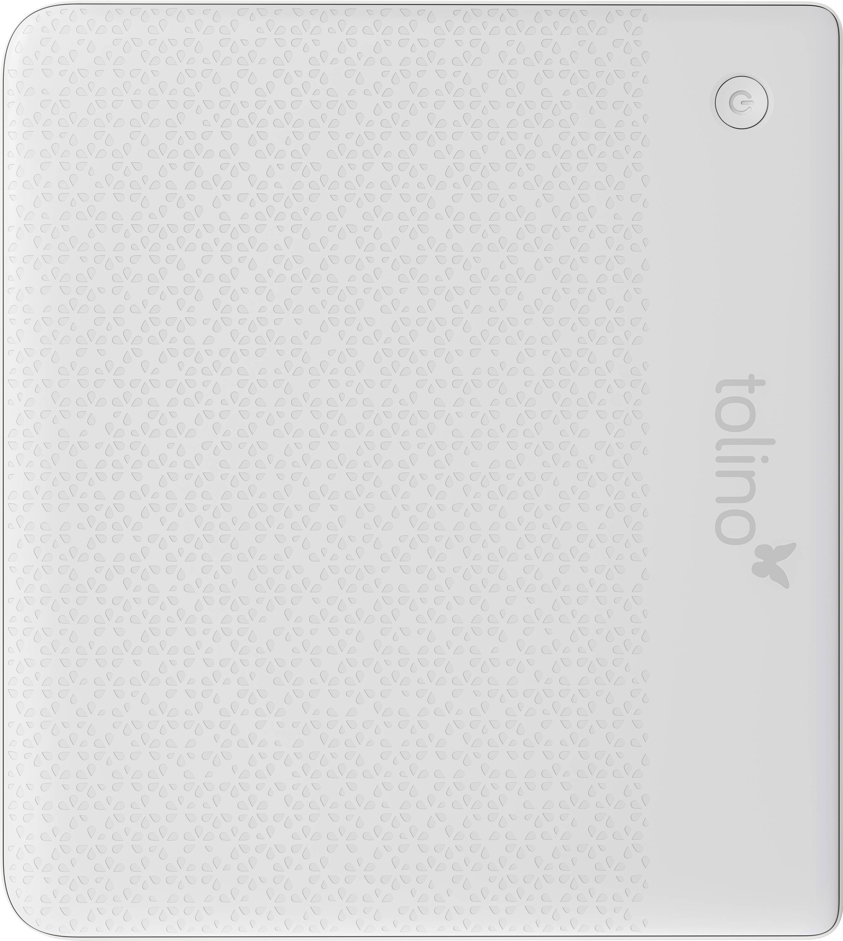 Liseuse électronique « Tolino » affichant un dos texturé avec un bouton d'alimentation et le logo de la marque.