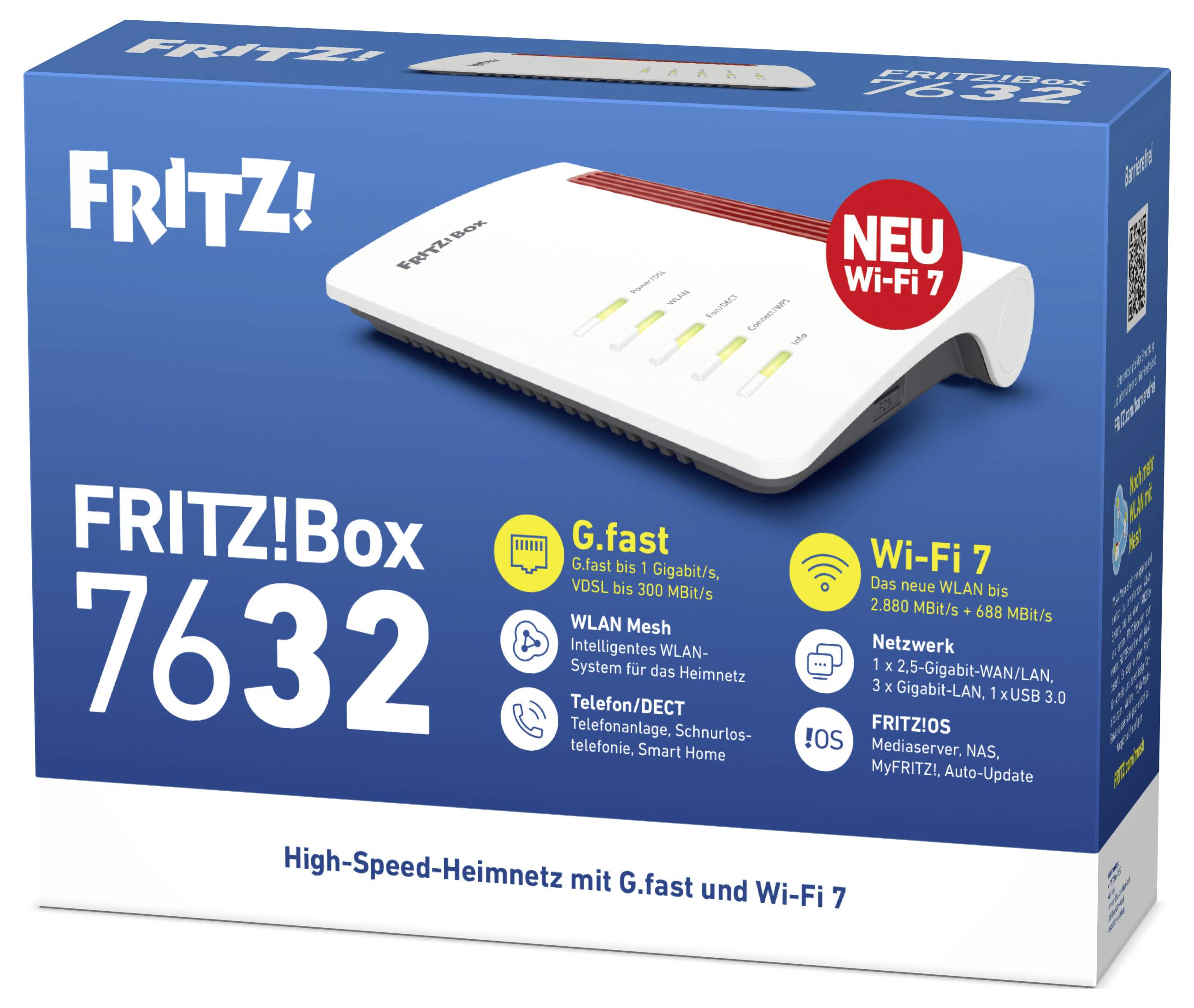 Boîte image d'un routeur « FRITZ!Box 7632 » présentant le G.fast, Wi-Fi 7 avec une vitesse de 2 880 Mbit/s, WLAN Mesh, DECT et connectivité USB 3.0.