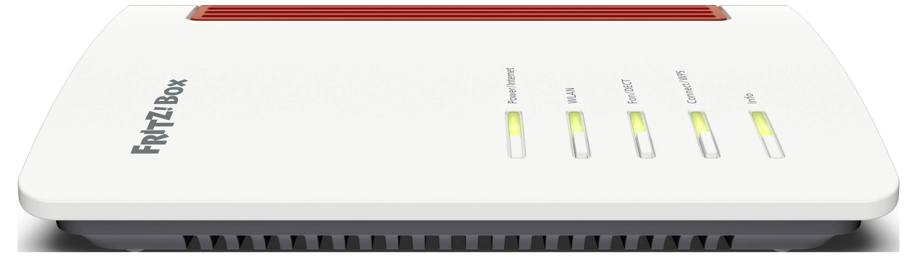 A white modem labeled 'FRITZ!Box' with glowing indicator lights for power, DSL, LAN, WLAN, and phone.