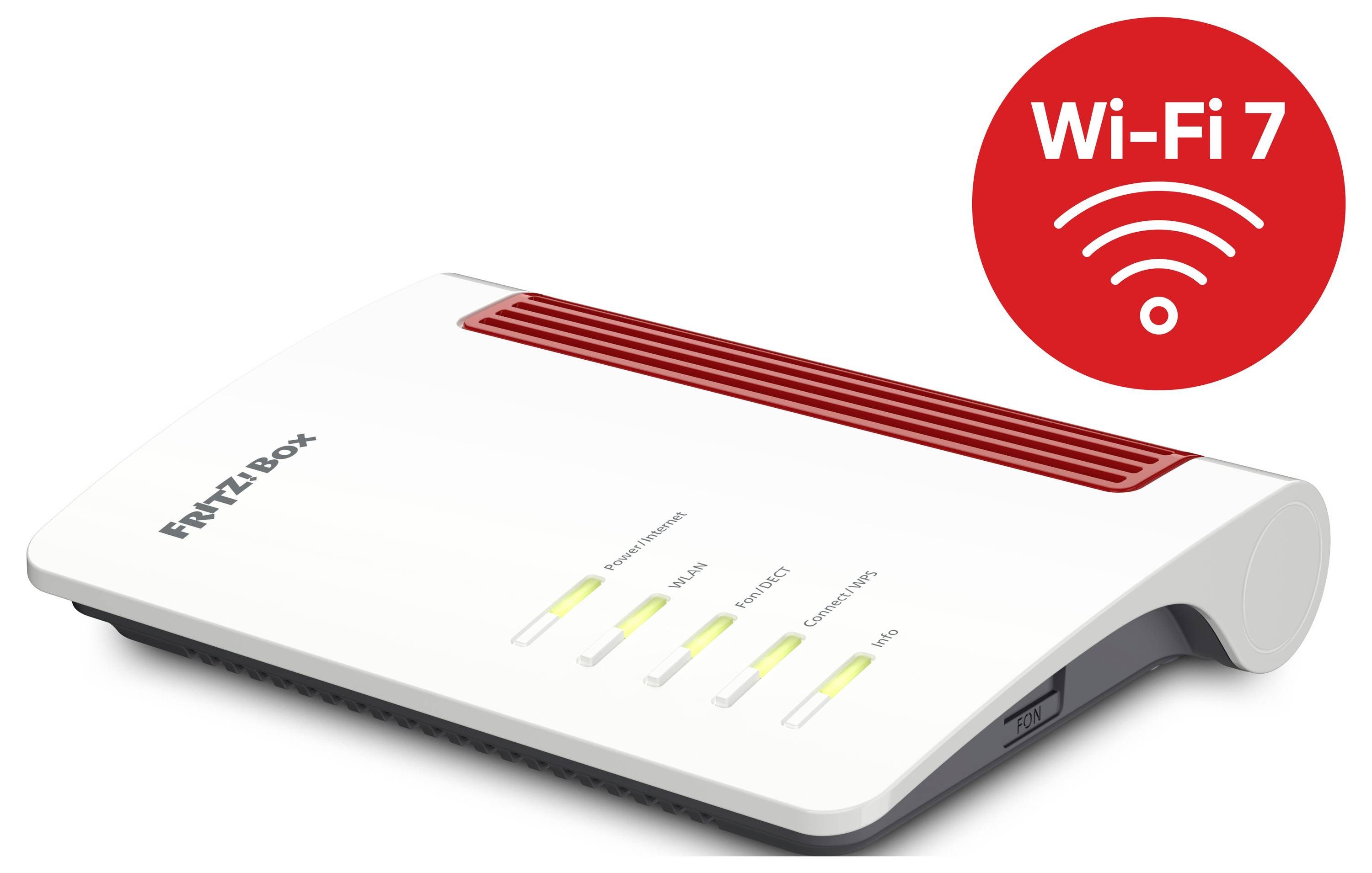 Un routeur Wi-Fi blanc avec des accents rouges, portant la marque « FRITZ!Box », accompagné d'une icône rouge indiquant « Wi-Fi 7 ».