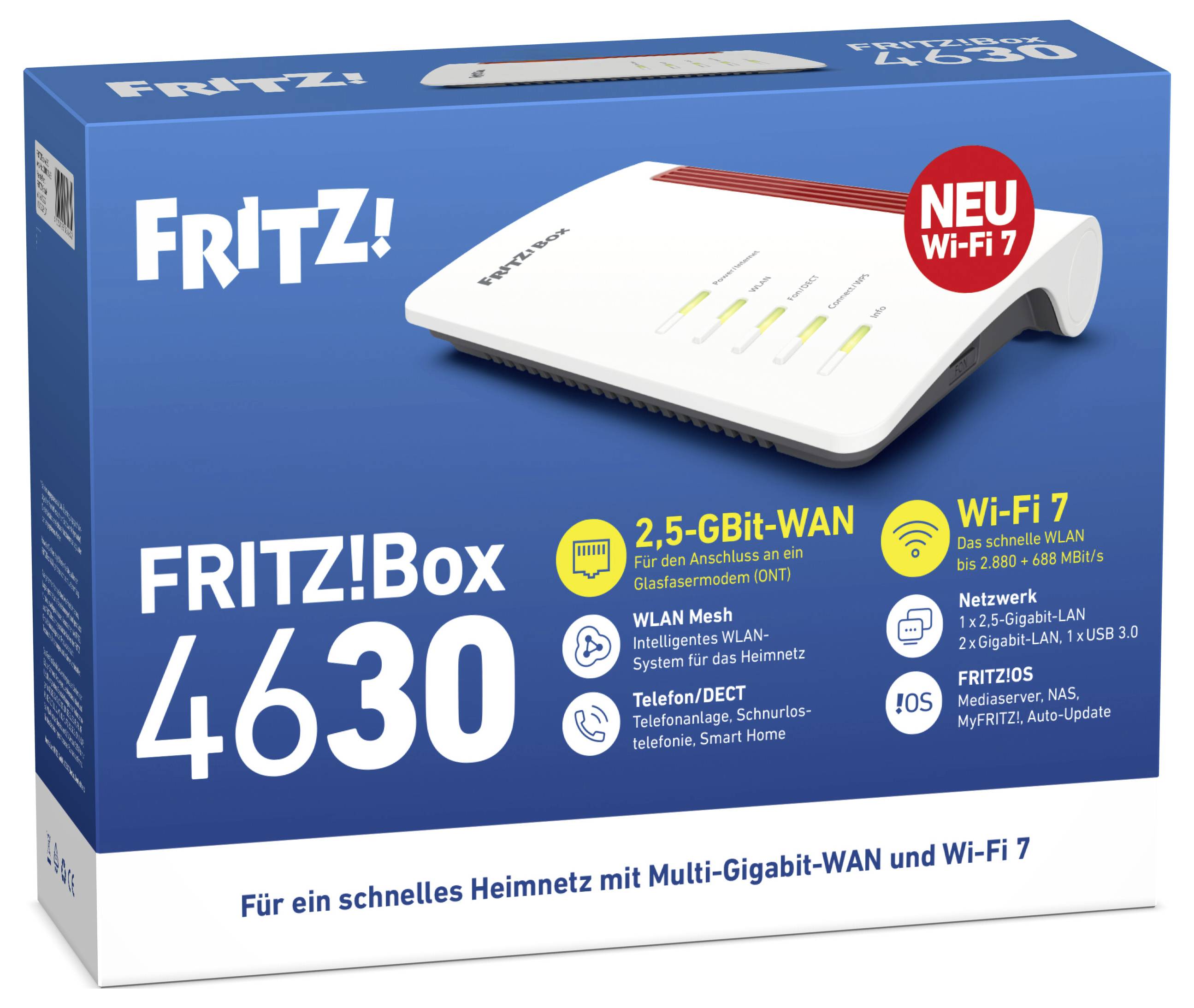 L'emballage du « FRITZ!Box 4630 » présentant un routeur au design moderne et blanc, promeut les capacités « WAN 2,5 Gbit », « Wi-Fi 7 » et « Mesh » pour un réseau domestique rapide.