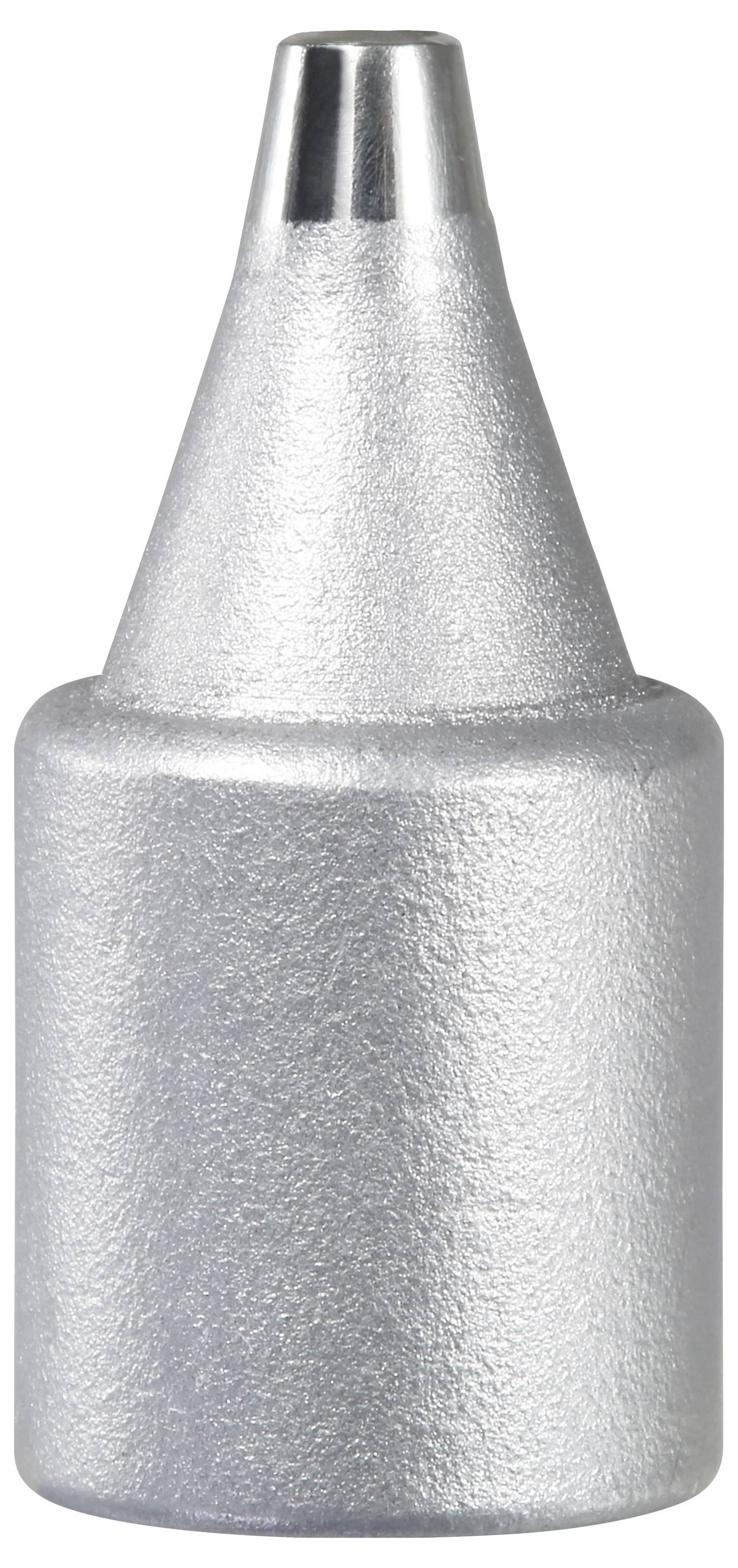 A metallic, textured nozzle with a narrow tip, used as an attachment for precise application or dispensing of materials.