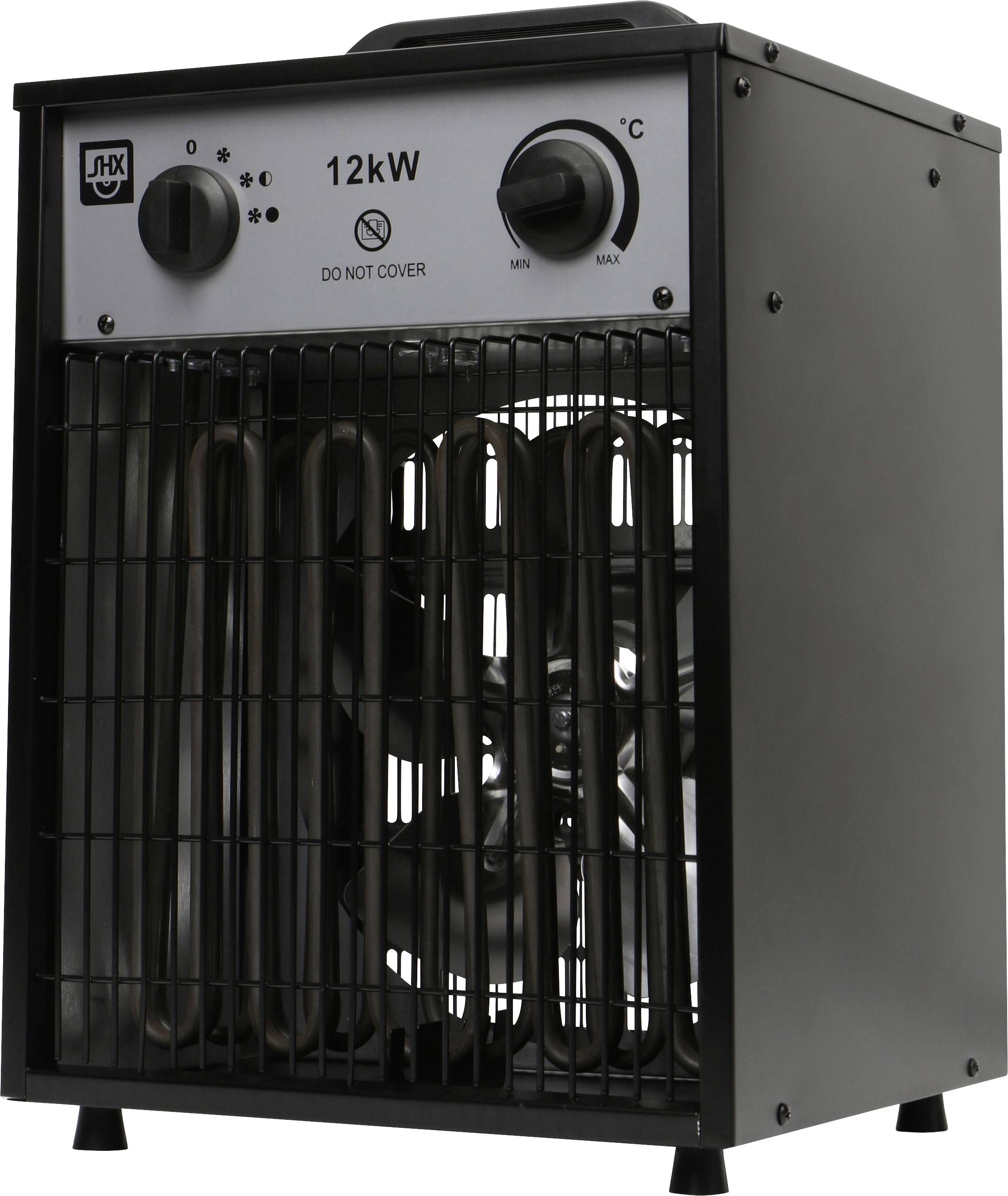 Radiateur électrique portable noir avec grille avant, étiquette 12kW et deux boutons de commande pour les réglages de chaleur et de température.