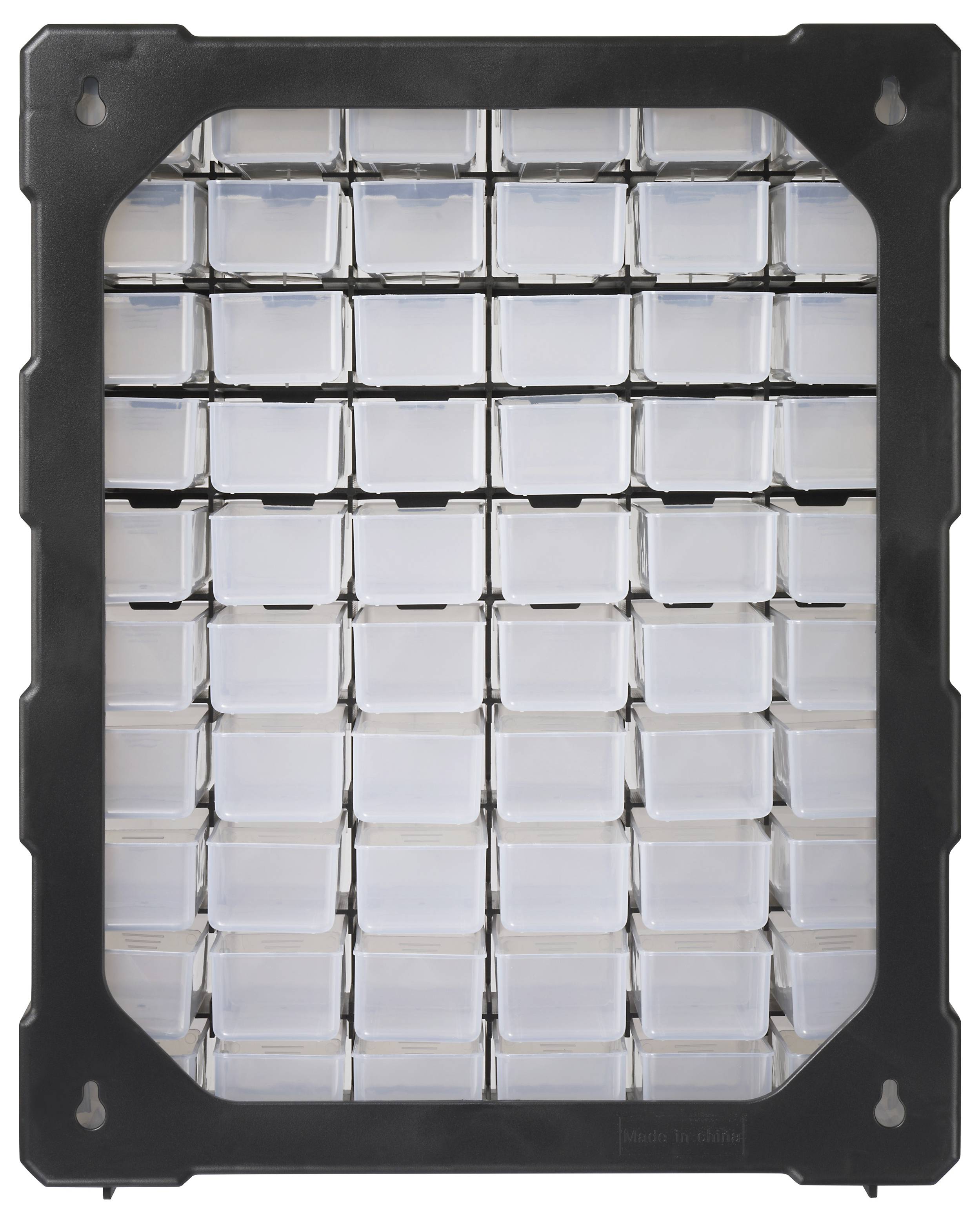 Une grille de petits bacs de rangement vides et transparents est disposée dans un cadre en plastique noir, adaptée pour organiser de petits objets.