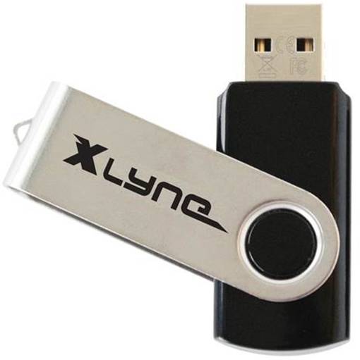 Un lecteur flash USB noir et argenté avec le logo 'XLYNE' sur un capuchon pivotant.