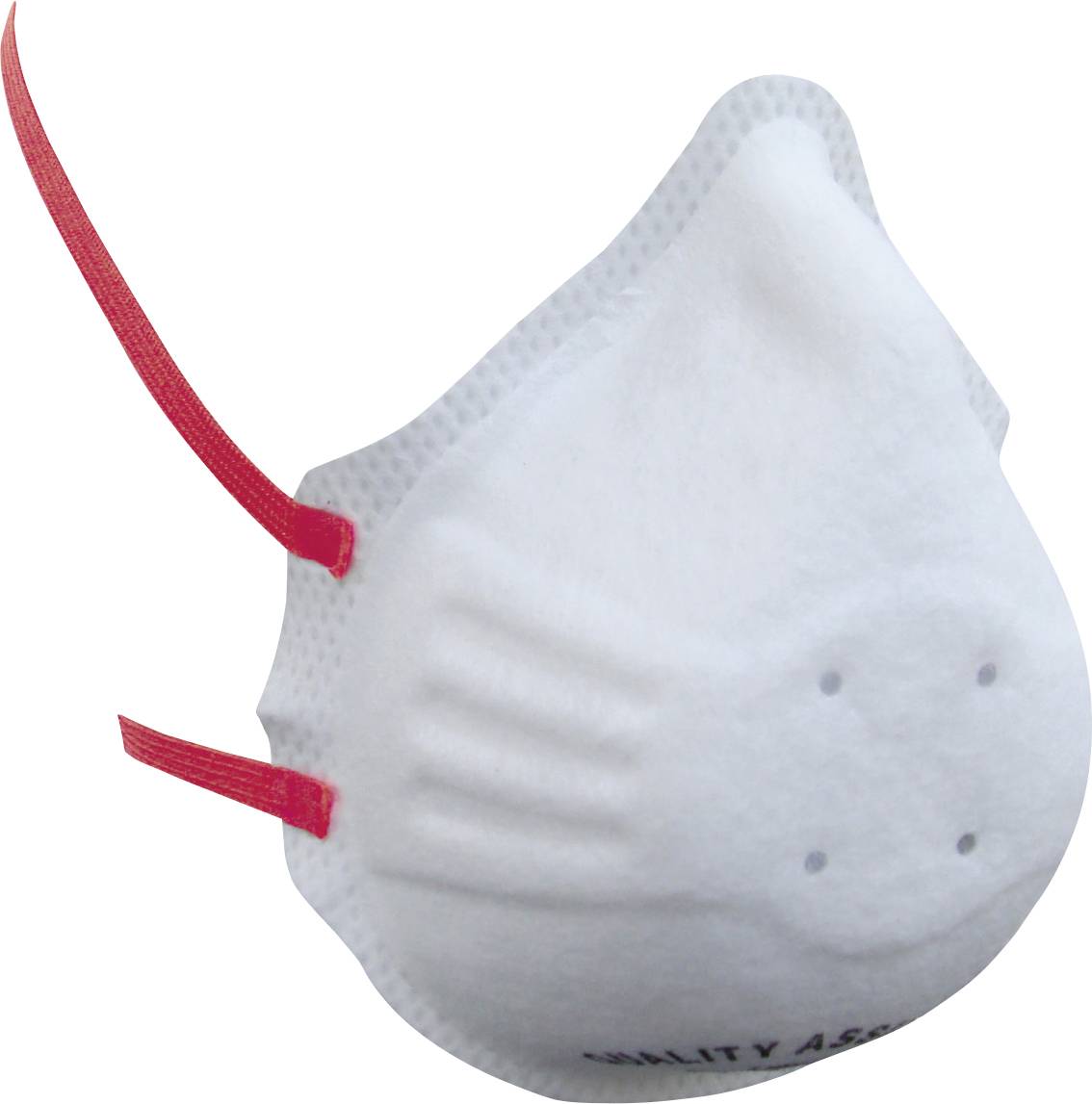 Un masque respiratoire N95 blanc avec des sangles rouges est montré. Le masque est conçu pour la protection respiratoire, présentant un design en forme de coupe.