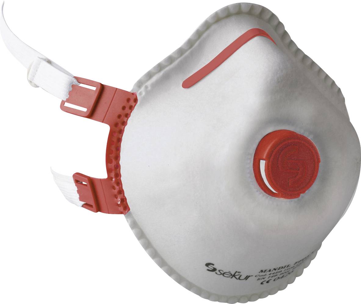 Un masque facial blanc avec une valve rouge et des sangles, conçu pour la protection respiratoire.