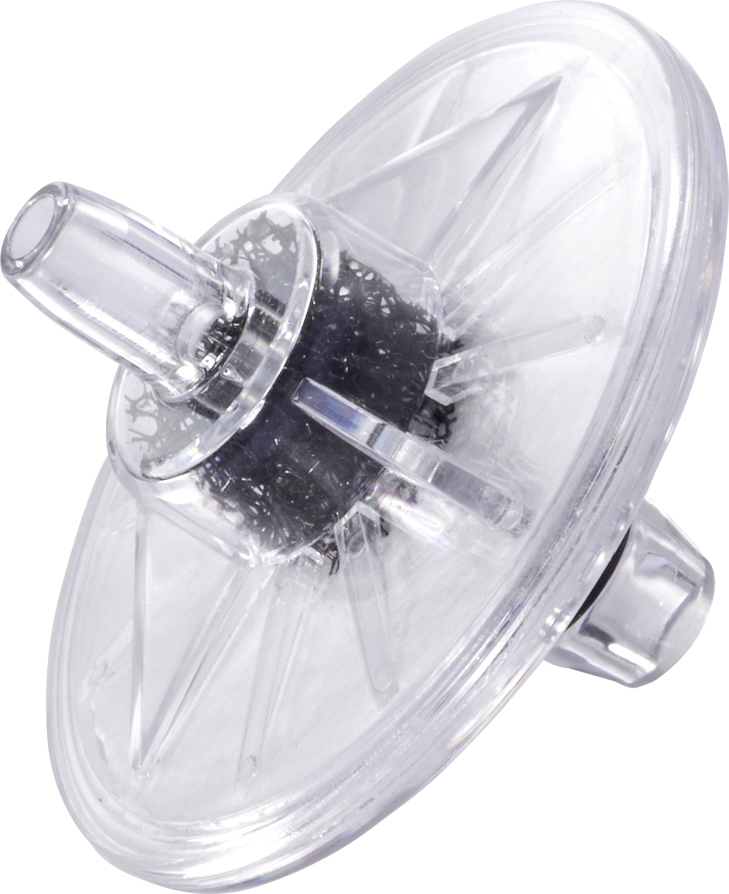 Un filtre en forme de disque en plastique transparent avec un treillis noir à l'intérieur, présentant une buse en haut et en bas pour le passage du fluide.