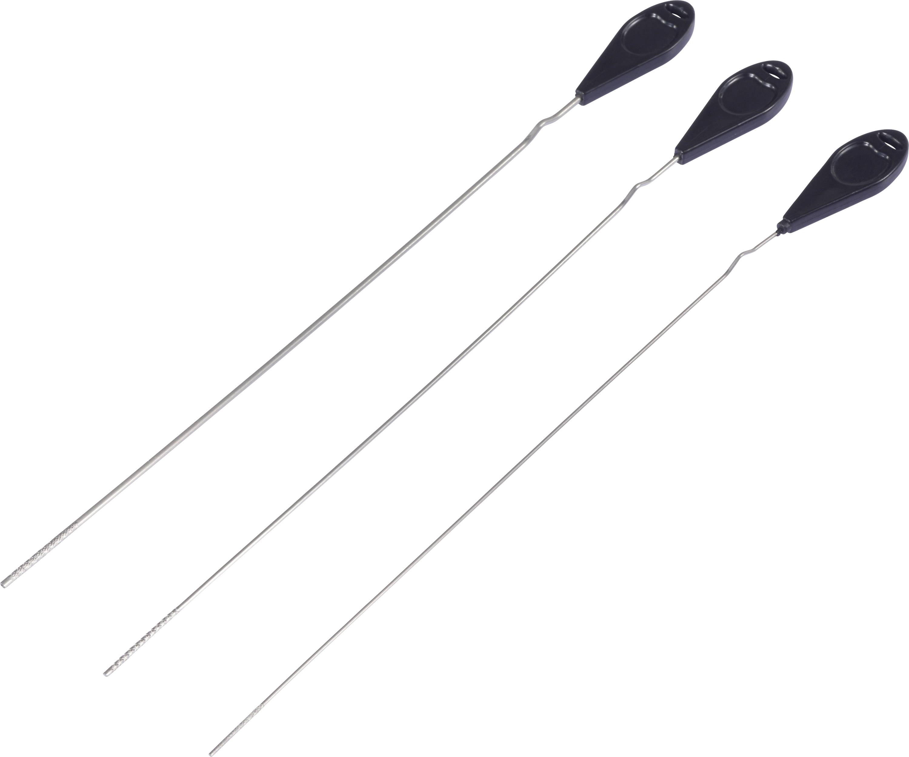 « Trois enfileuses à aiguille en métal fin avec anses en boucle, aux manches noirs, utilisées pour enfiler les aiguilles à coudre, alignées sur un fond blanc. »