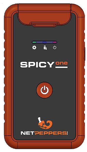 A handheld device with the brand 'NETPEPPERS' and model name 'SPICYone', featuring a power button and LED indicators on the front.