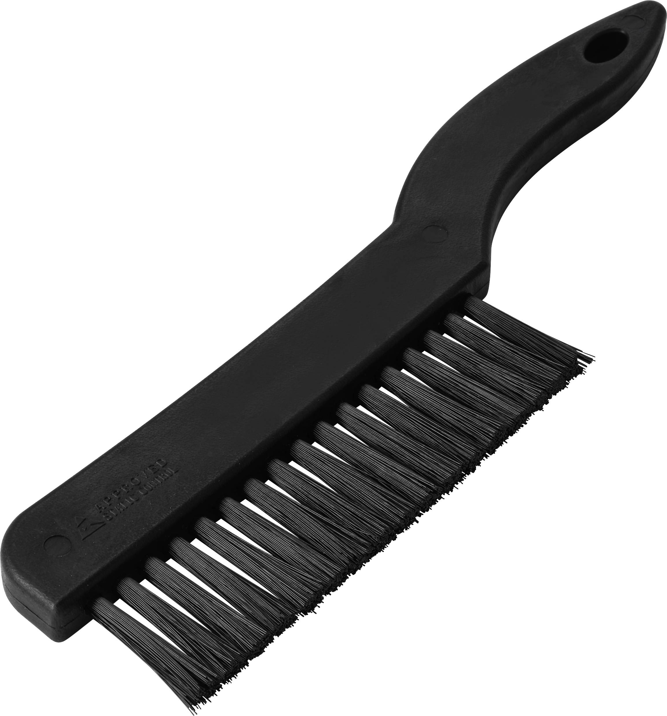 Brosse portable noire avec un manche courbé et des soies denses, présentée sur un fond blanc.