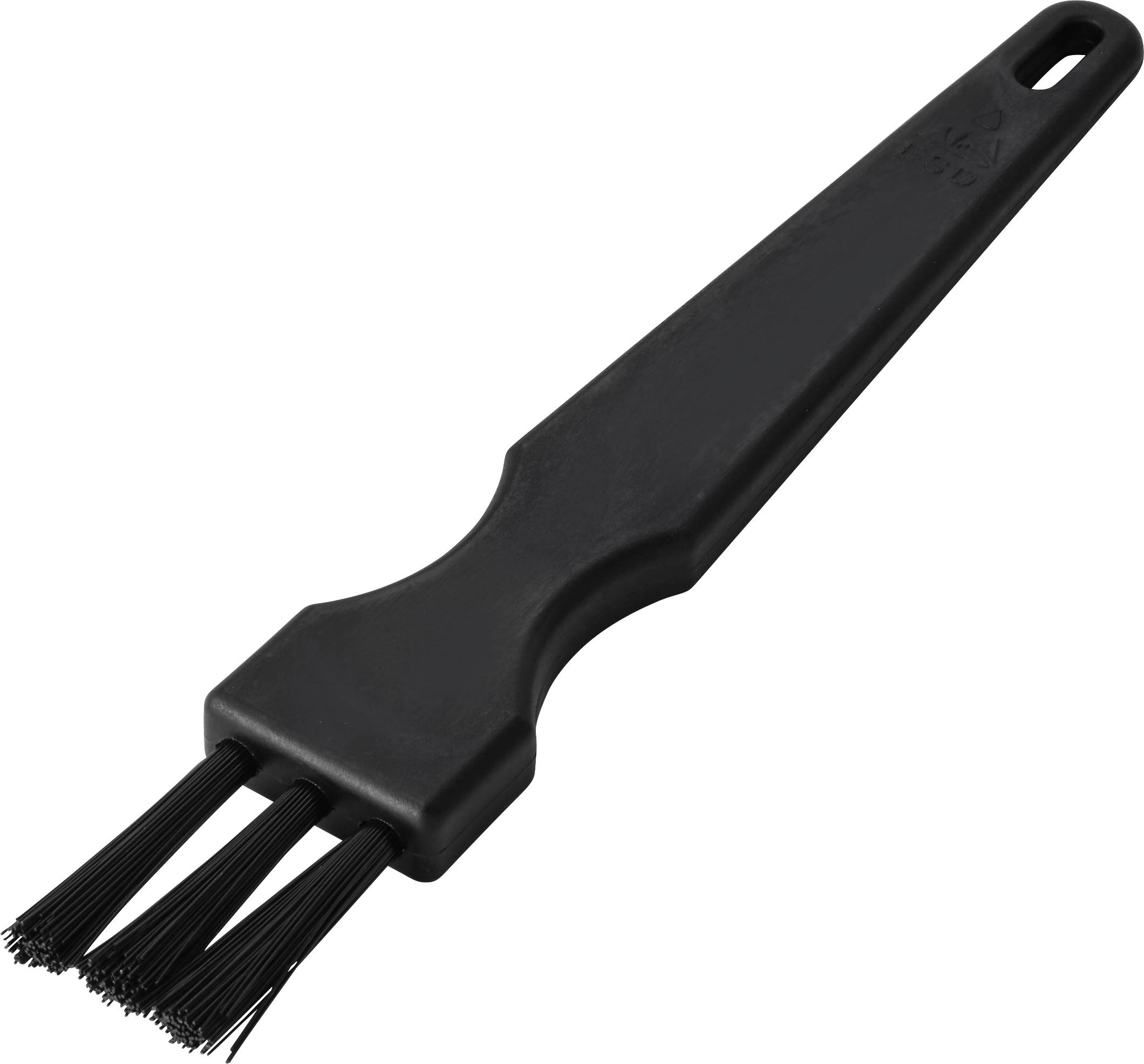 Brosse de nettoyage en plastique noir avec un long manche et trois rangées de poils étroits à une extrémité