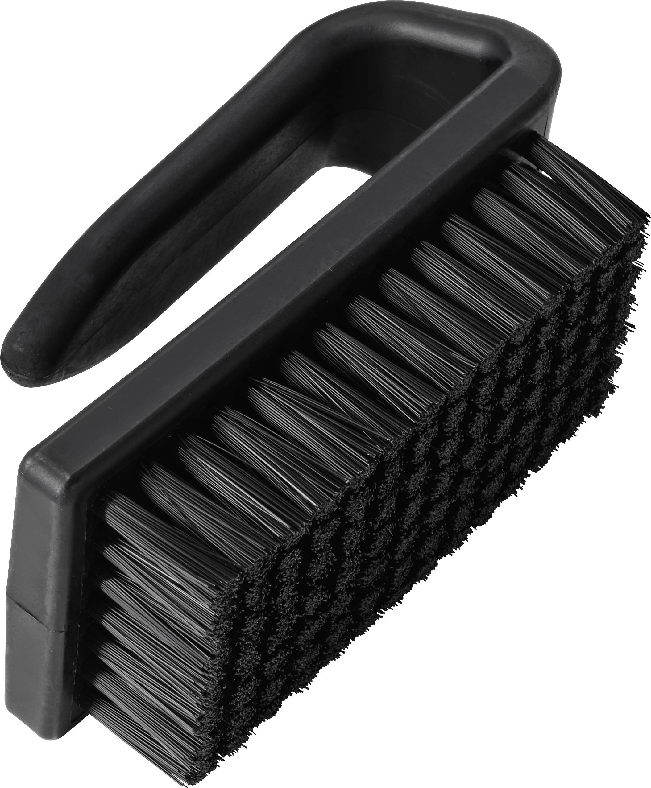 Brosse de nettoyage portable noire avec une grande poignée ergonomique et des poils denses, présentée sur un fond blanc.
